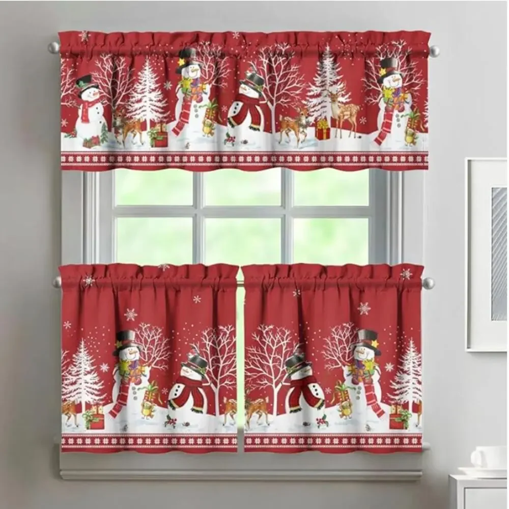 Set of 3 Christmas Kitchen Curtains and Valances, Holiday Short Curtain Set- Red